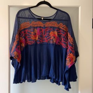 Free People Blue Embroidered Top